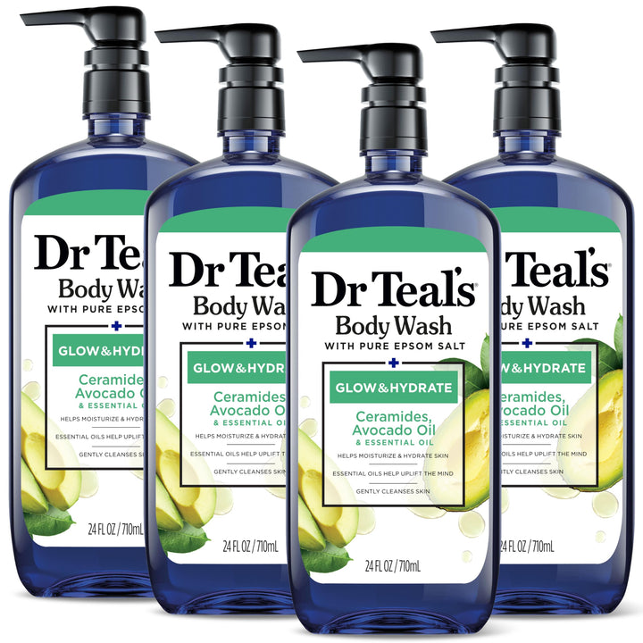 Dr Teal's Teal's Body Wash with Pure Epsom Salt, Glow & Hydrate with Avocado, 24 fl oz (Pack of 4)