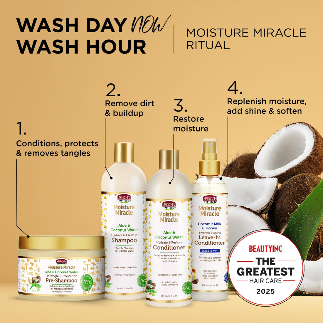 African Pride Moisture Miracle Pre-Shampoo Hair Detangler with Aloe & Coconut Water (Pack of 3) | Minimizes Breakage, Hydrates & Strengthens | Pre-Poo Treatment for Natural Coils & Curls | 12 oz.