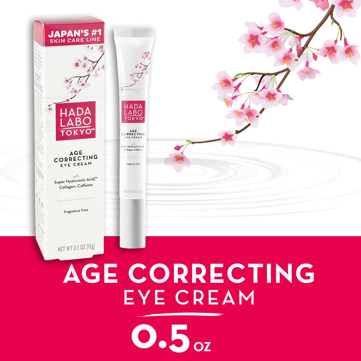 Hada Labo Tokyo Age Correcting Eye Cream 0.5 Fluid Ounce - with Super Hyaluronic Acid, Caffeine, Collagen and Light Diffusing Pigments - lightweight anti-aging eye cream, non-greasy, fragrance free