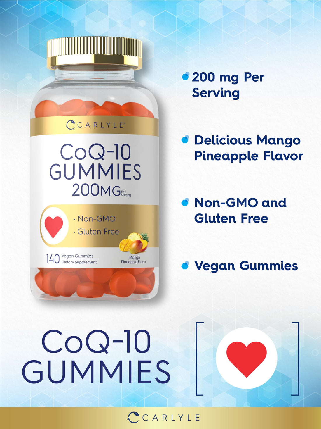 Carlyle CoQ10 Gummies 200 mg | 140 Count | Mango Pineapple Flavor | Vegan, Non-GMO, Gluten Free Supplement