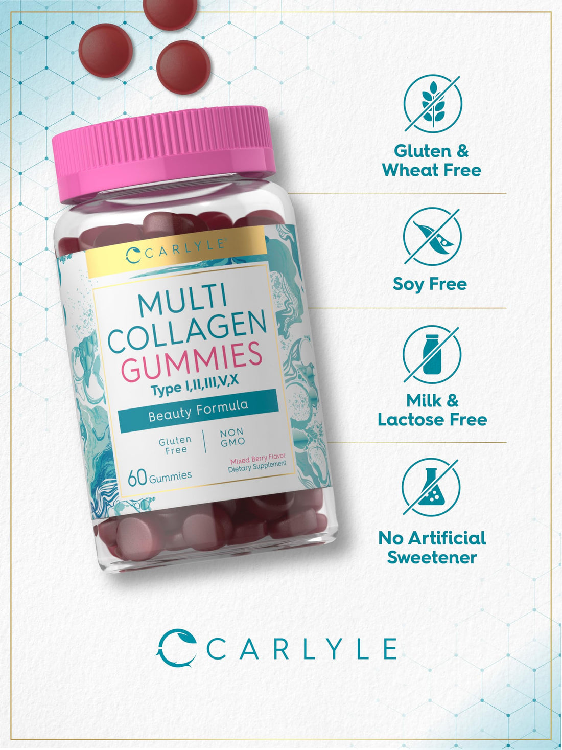 Carlyle Collagen Gummies | 60 Count | Multi Collagen Complex | Beauty Formula Supplement | Mixed Berry Flavor | Non-GMO, Gluten Free