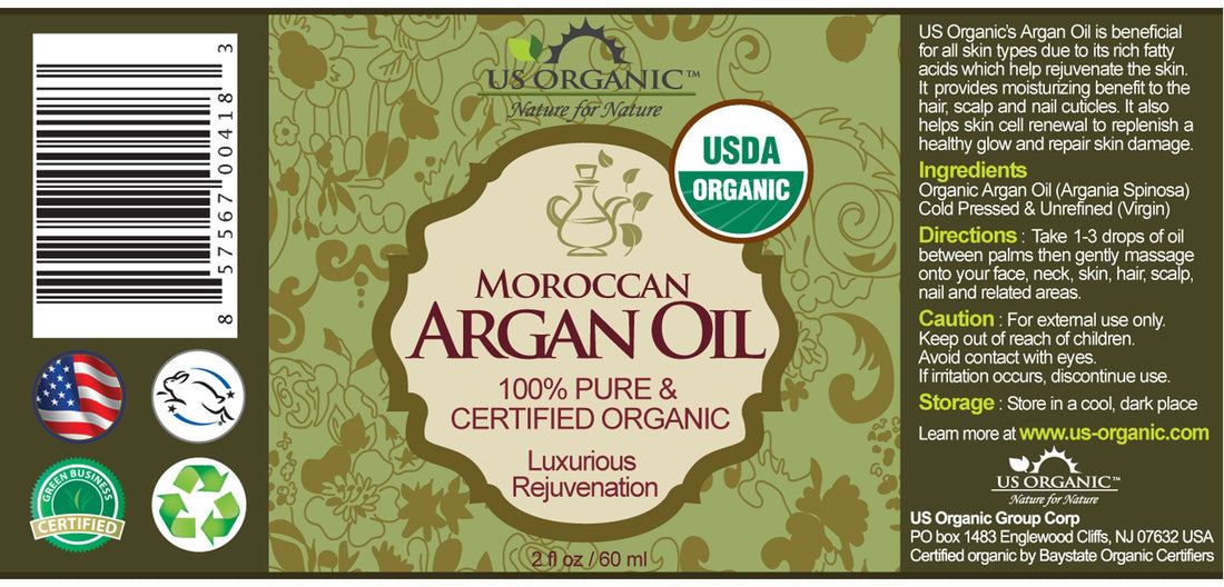 US Organic Moroccan Argan Oil, USDA Certified Organic,100% Pure & Natural, Cold Pressed Virgin, Unrefined, 2 Oz in Amber Glass Bottle, for Hair treatment, Skin, Nail, Cuticle, Sourced from Morocco.