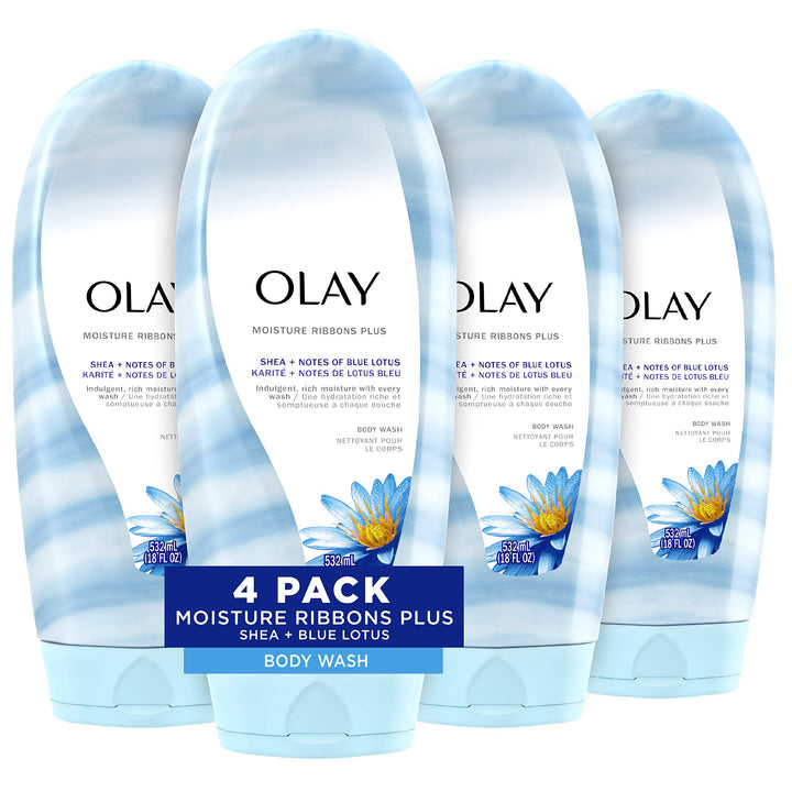 Olay Moisture Ribbons Plus Shea + Notes of Blue Lotus Body Wash, 18 Fl Oz, Pack of 4