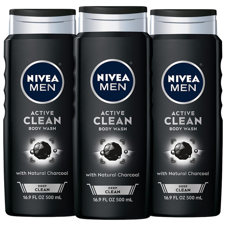 NIVEA Men DEEP Active Clean Body Wash - 8-hour Fresh Scent with Natural Charcoal - 16.9 fl. oz. Bottle (Pack of 3)