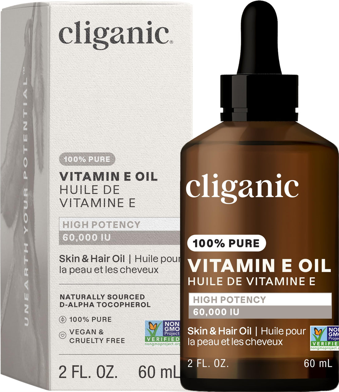 Cliganic Pure Vitamin E Oil for Skin, Scars, Hair & Face - 60,000 IU, Non-GMO Verified | Natural D-Alpha Tocopherol