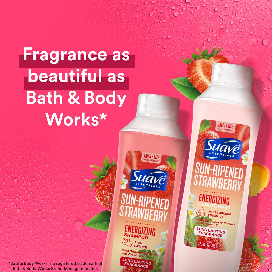 Suave Shampoo & Conditioner Set, Sun-Ripened Strawberry – Everyday Energizing Formulas with Strawberry Extract & Vitamin E, 22.5 Oz Ea (2 Piece Set)