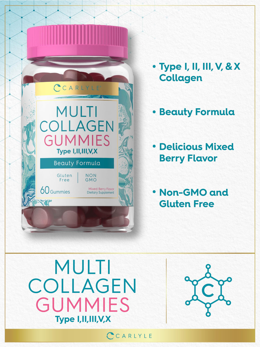 Carlyle Collagen Gummies | 60 Count | Multi Collagen Complex | Beauty Formula Supplement | Mixed Berry Flavor | Non-GMO, Gluten Free