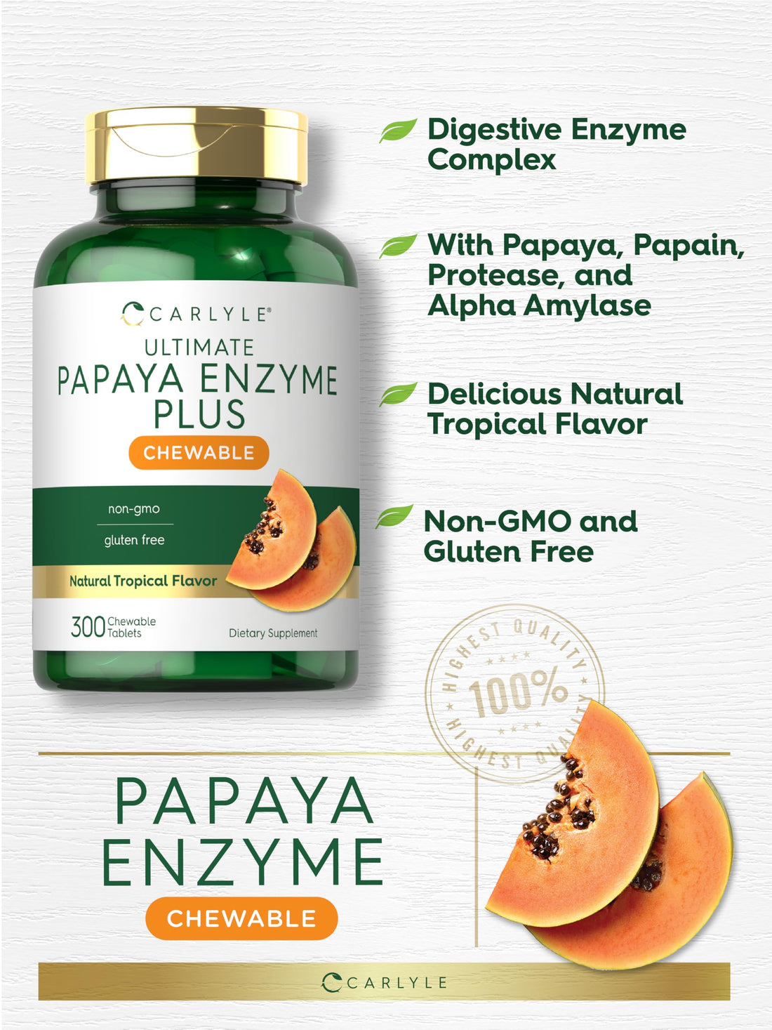 Carlyle Papaya Enzyme Chewable Tablets | Vegetarian, Non-GMO, Gluten Free Formula | Tropical Flavor