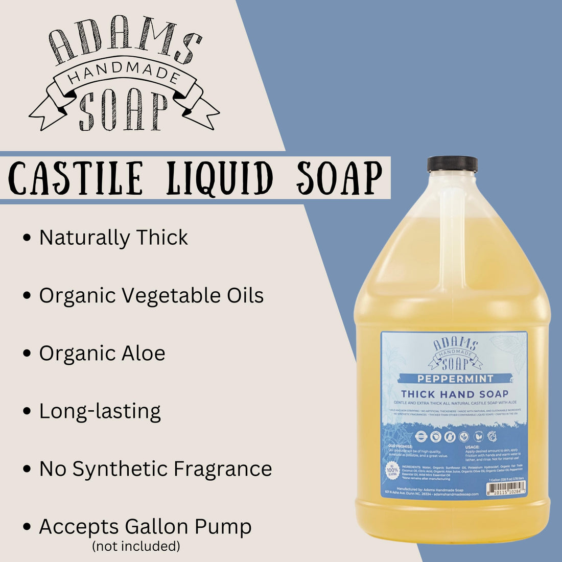 Adams Handmade Soap Thick Organic Castile Liquid Hand Soap 1 Gallon Refill - Peppermint
