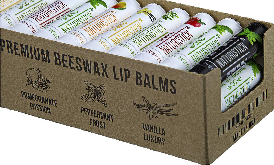 32 All Natural Lip Balm Bulk Pack with Bonus Holder by Naturistick, Best Chapstick for Dry, Chapped Lips, 4 Soothing Flavors with Aloe Vera, Vitamin E, Coconut Oil for Men, Women and Kids, Made in USA