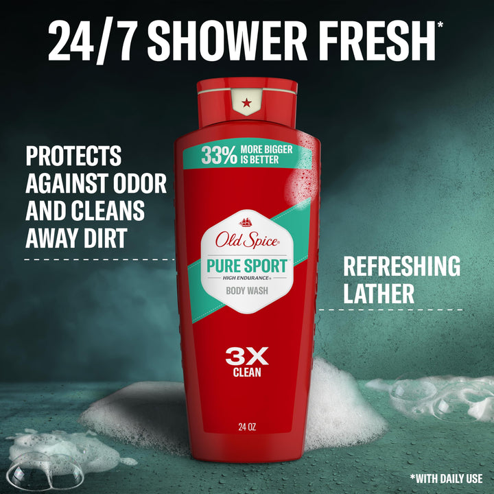 Old Spice Refreshing Body Wash for Men, High Endurance, 3X Defense, 24/7 Shower Fresh with Long Lasting Scent, Pure Sport Scent, 24 oz (Pack of 2)