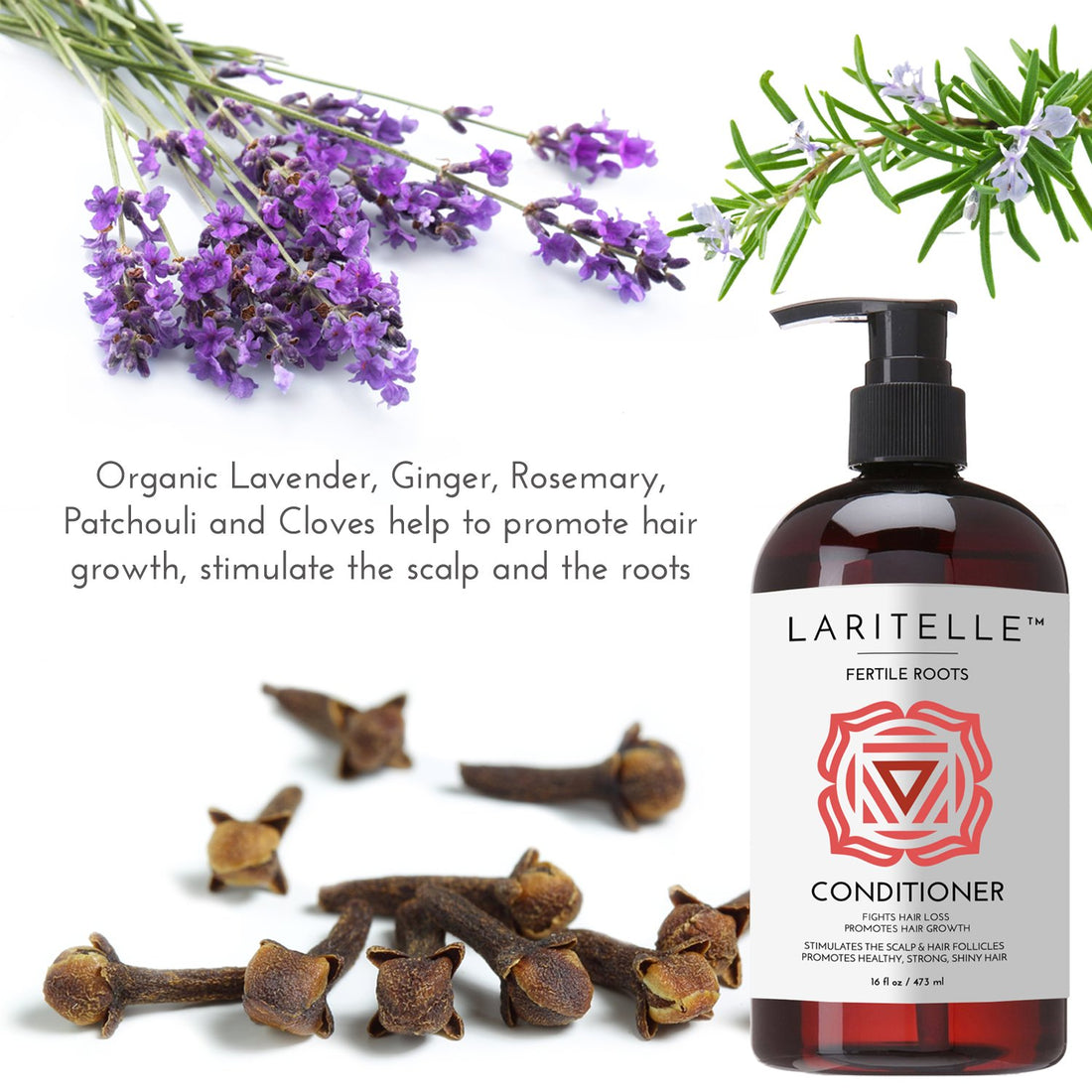 Laritelle Organic Conditioner, Fortifying, Strengthening and Rejuvenating, Stops Hair Shedding, Promotes New Hair Growth, Ayurveda Herbs, Lavender, Ginger, Rosemary, Patchouli and Cloves, 16 oz.