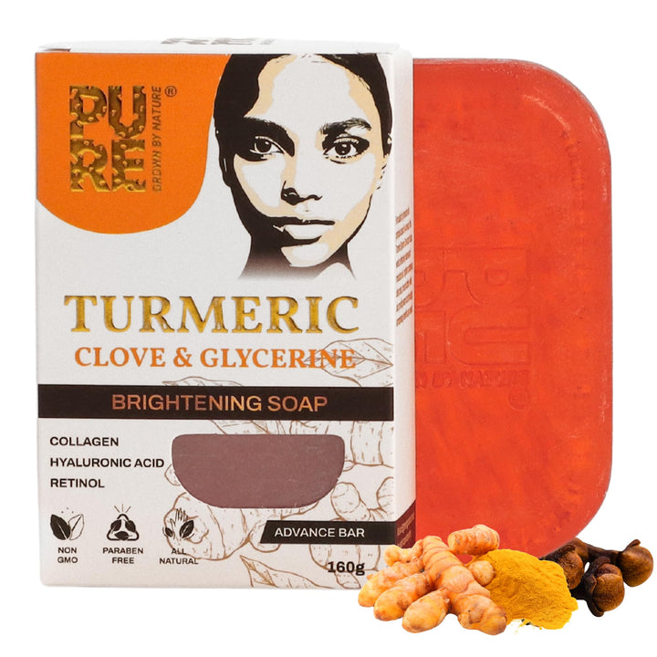 PURE GROWN BY NATURE Turmeric Clove & Glycerine for Dark Spots & Acne,Natural Skin Glow Soap with Collagen, Hyaluronic Acid, Retinol,160g
