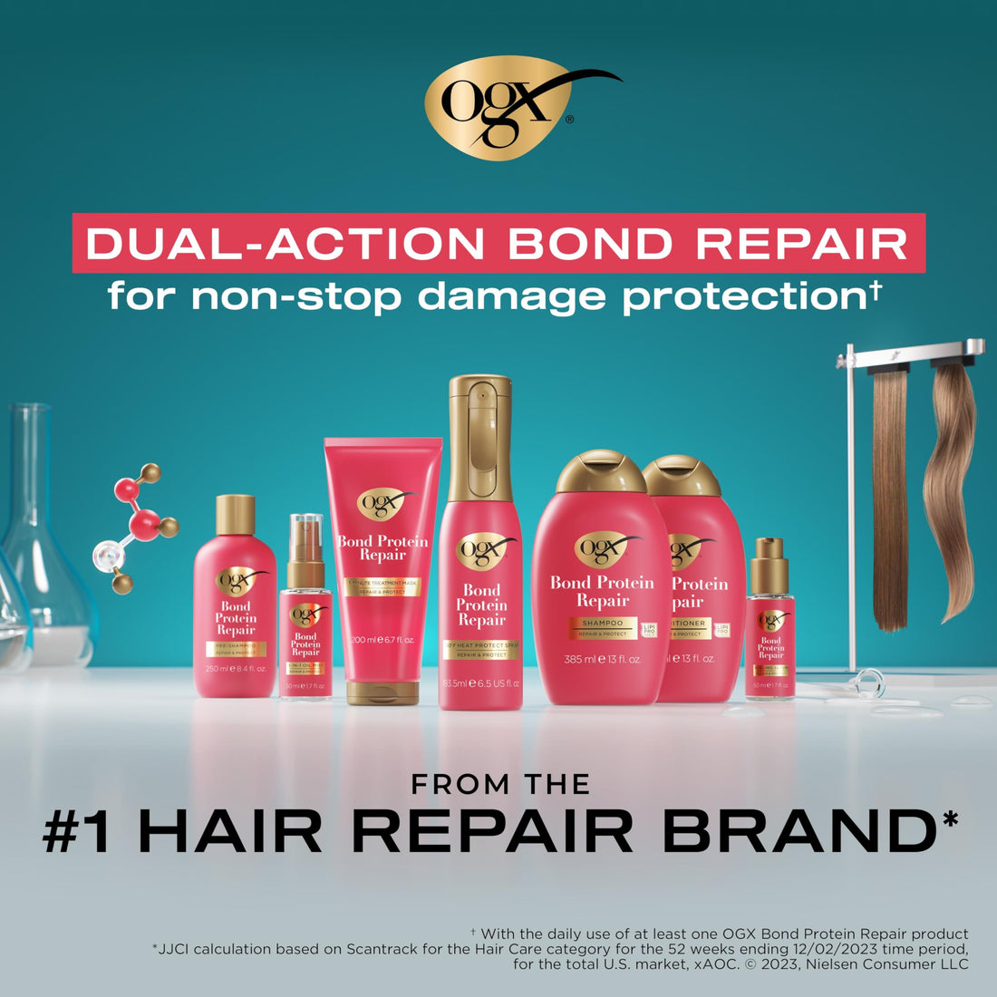 OGX Repair & Protect Bond Protein Shampoo, Lightweight Hair Wash Cleanses & Targets Damaged Areas for Effective Bond Repair, Sulfate-Free Surfactants, 13 fl. oz