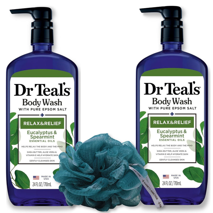 Dr. Teal's Eucalyptus Body Wash 24oz (Pack of 2) with Variety Junction Premium Bath and Shower Sponge - Refreshing & Invigorating