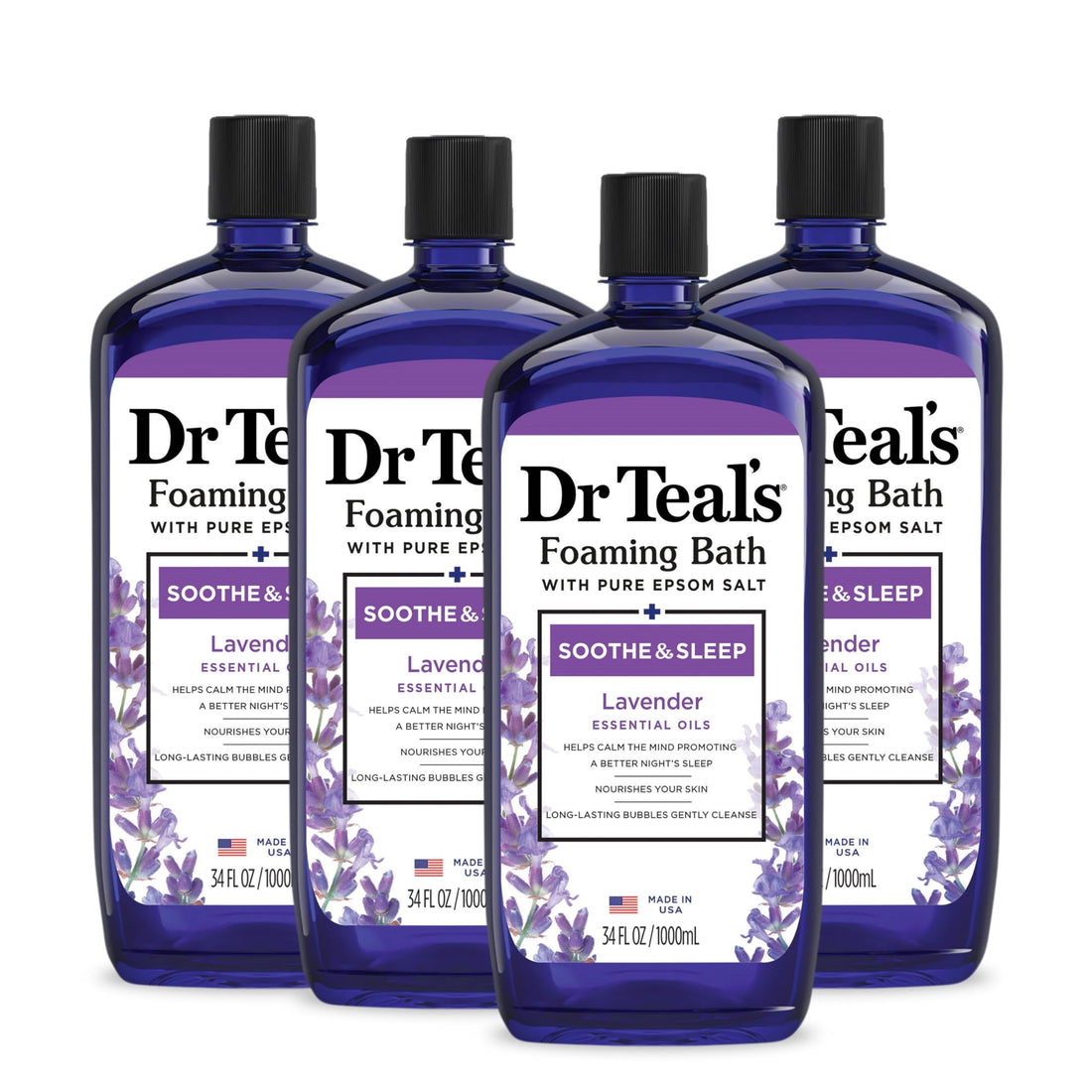 Dr Teal's Foaming Bath with Pure Epsom Salt, Soothe & Sleep with Lavender, 34 fl oz (Pack of 4)