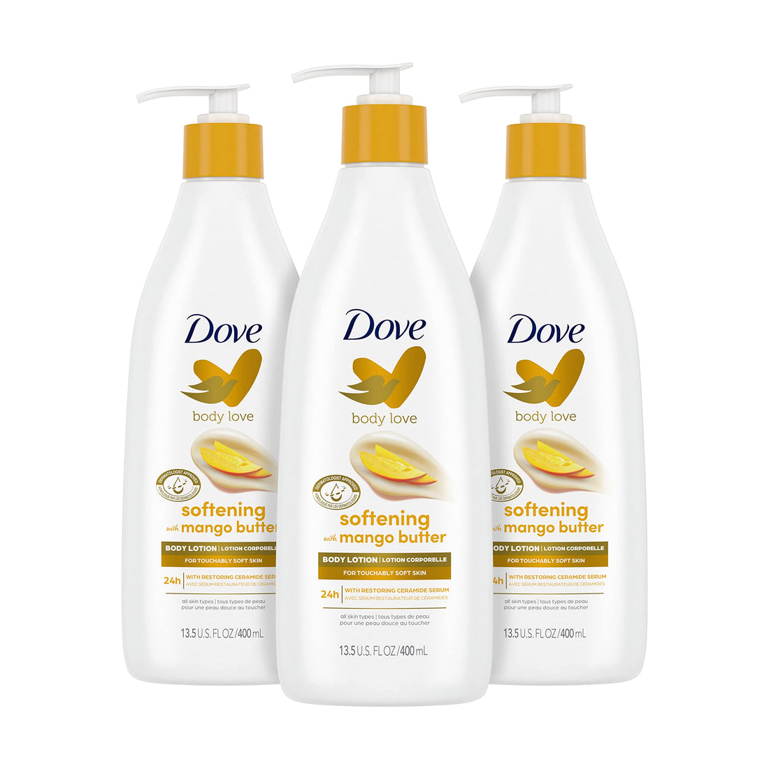 Dove Body Love Glowing Care Body Lotion For Soft, Nourishing Skin Care Mango & Almond Butter Hydrates and Absorbs Quickly, White, 13.5 Oz, 3 Count