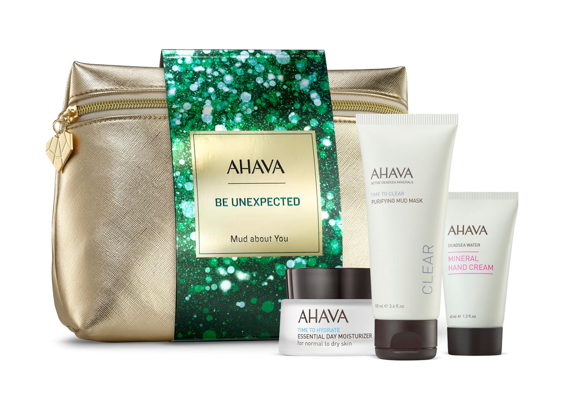 AHAVA Mud about You Gift Set, Includes Essential Day Moisturizer 50ml, Purifying Mud Mask 100ml, and Mineral Hand Cream 40ml