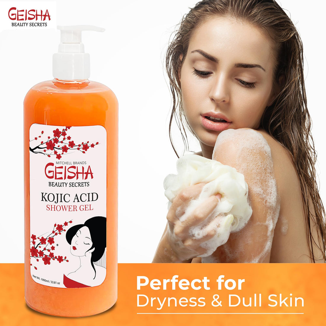 OMIC Geisha, Kojic Acid Skin Brightening Body Wash - 33 Fl oz / 1000 ml - Even Out Skin Tone, Skin Radiance, Face and Body Shower Gel, with Coconut Oil and Shea Butter