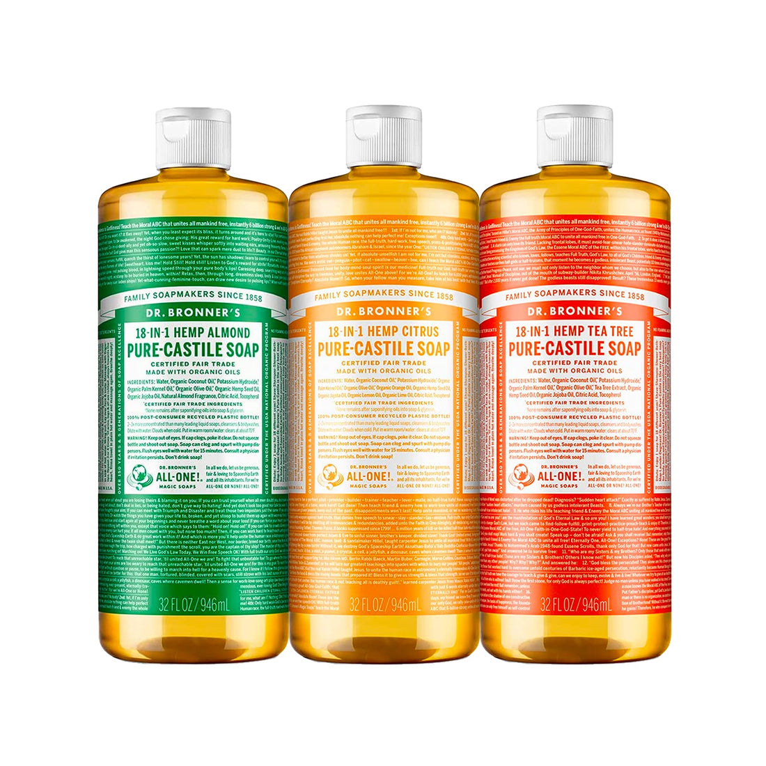 Dr. Bronner's - Pure-Castile Liquid Soap (32 oz Variety Pack) Almond, Citrus, & Tea Tree - Made with Organic Oils, 18-in-1 Uses: Face, Body, Hair, Laundry, Pets and Dishes | 3 Count