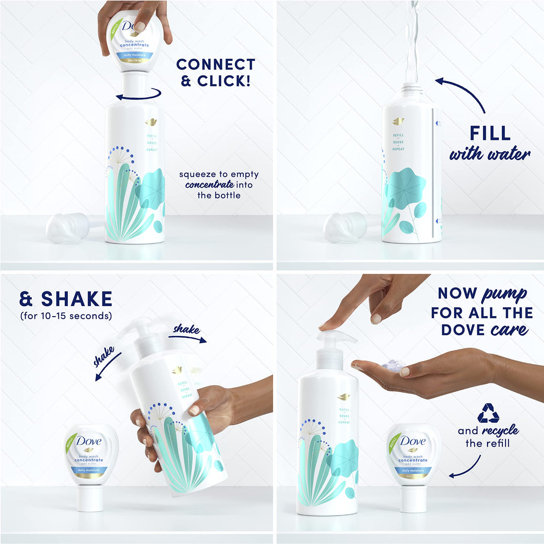 Dove Concentrate Refill and 100 percent Recycled Reusable Bottle for Instantly Soft Skin Daily Moisture Starter Kit for Lasting Nourishment Body Care 4 Fl oz (makes 16 Fl oz)