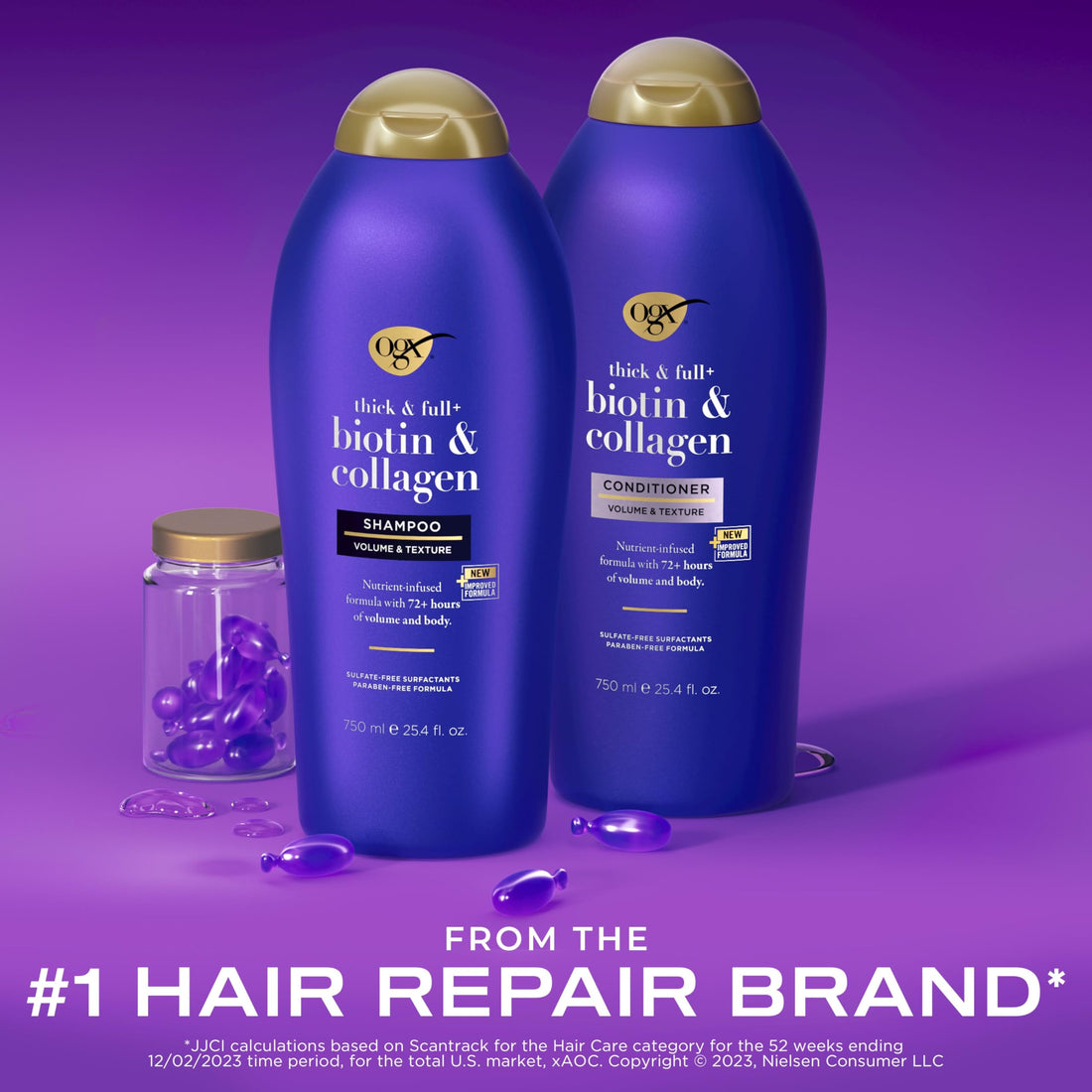 OGX Thick & Full + Biotin & Collagen Extra Strength Volumizing Shampoo + Conditioner with Vitamin B7 & Hydrolyzed Wheat Protein for Fine Hair, 25.4 oz Pack of 2