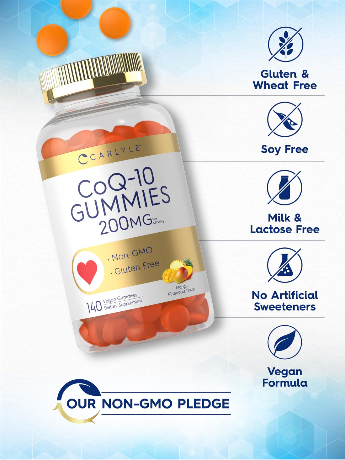 Carlyle CoQ10 Gummies 200 mg | 140 Count | Mango Pineapple Flavor | Vegan, Non-GMO, Gluten Free Supplement