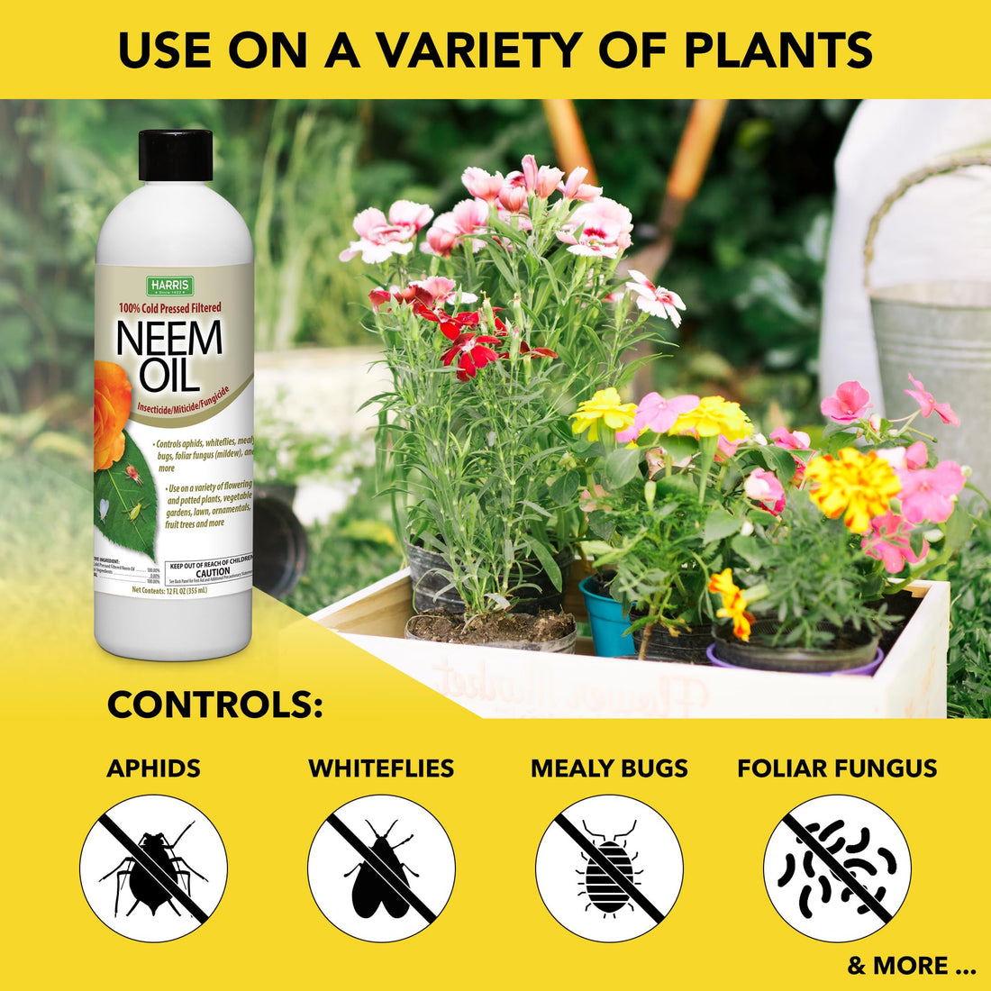 Harris Neem Oil, 100% Cold Pressed and Unrefined for Plants, Skin & Hair, 12oz Cosmetic Grade