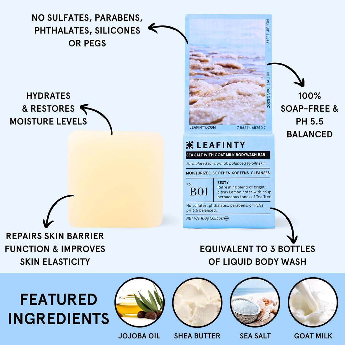 Leafinty Sea Salt with Goat Milk Bodywash Bar Soap for normal, Balanced to Oily Skin Made with Natural Ingredients, Sustainable, Plastic Free,100g (Pack of 1, up to 75 uses)