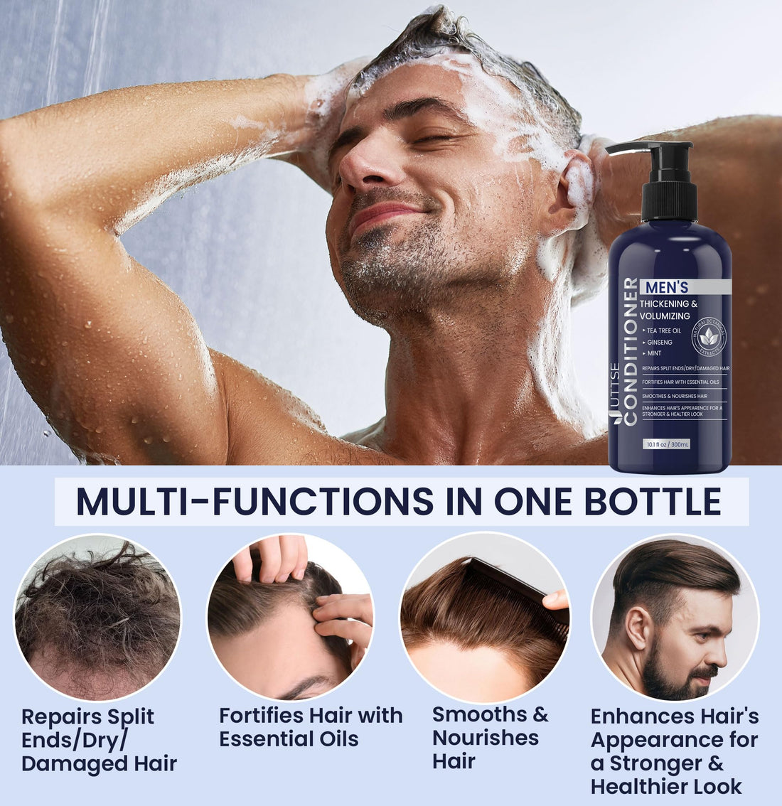 Uttse Biotin Hair Growth Conditioner for Men: Natural Thickening and Volumizing Conditioner with Tea Tree Oil Ginseng Mint for Hair Loss and Thinning Hair - 10.1 fl.oz, Dark Blue