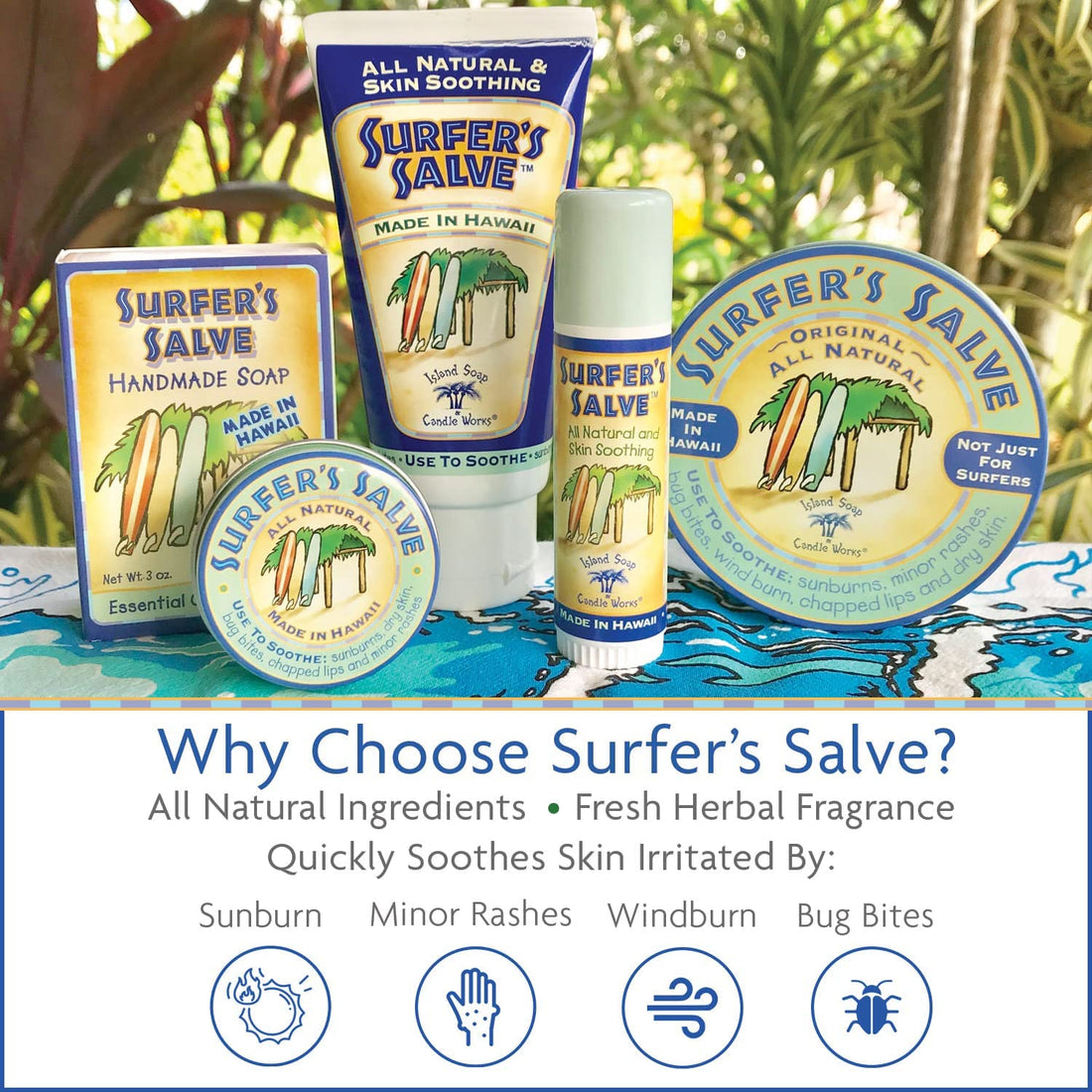 Island Soap & Candle Works Surfer's Salve - All Natural Skin Soothing Balm - Moisturizing Anti-Chafing Ointment for Insect Bites, Sunburn, Windburn, Chapped Lips, Rashes & New Tattoos - 4 Ounce