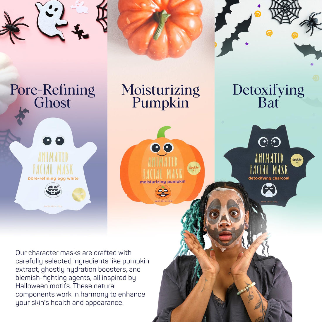 SpaLife Facial Mask Sheet Bundle - Pumpkin, Ghost, Bat - Halloween Character Mask Bundle - Face Masks for Skin Care - Moisturizing Sheet Face Masks - Skincare Pack for Women - Spa Beauty Masks