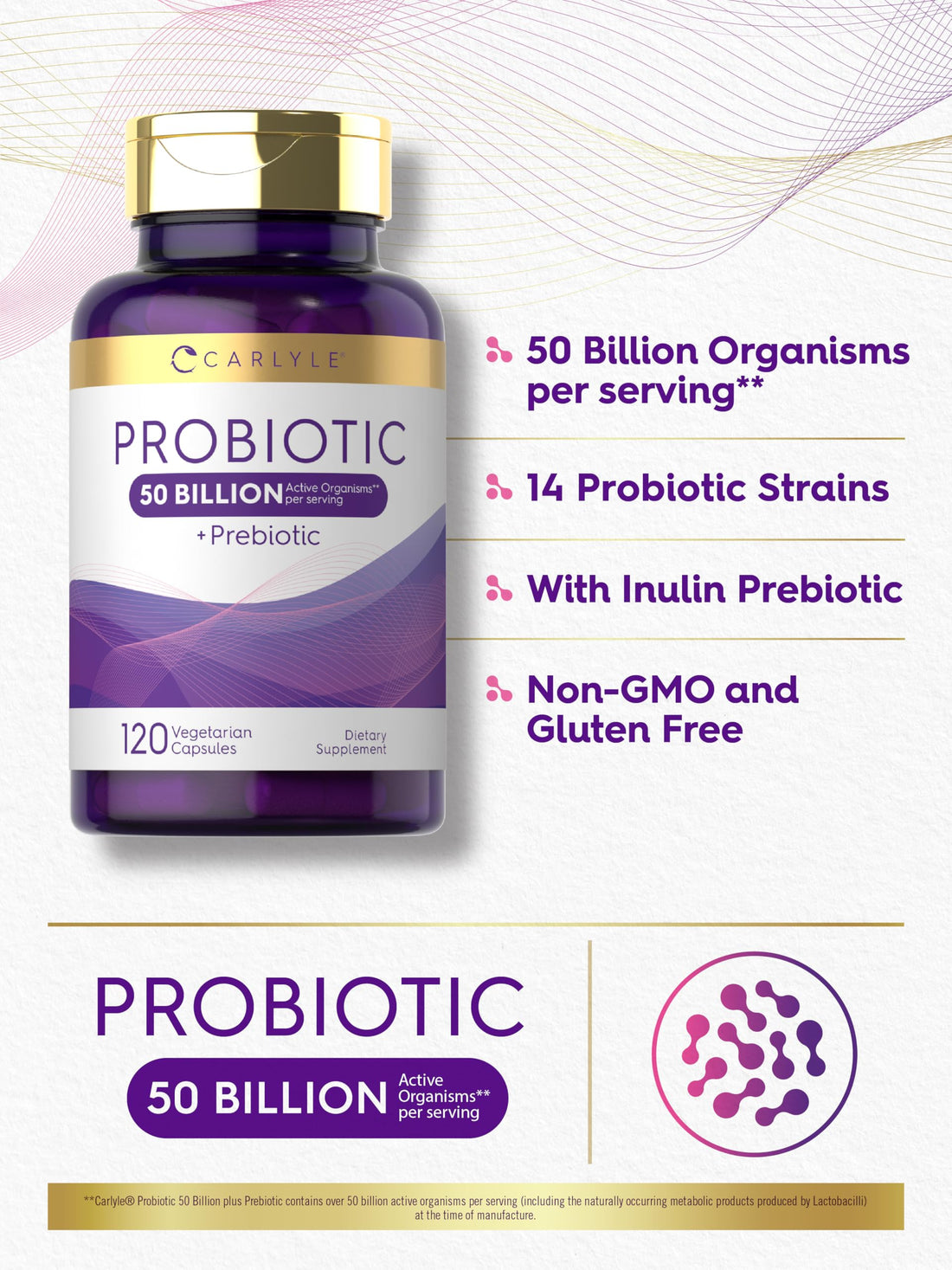 Carlyle Probiotics with Prebiotics | 120 Capsules | 50 Billion Active Organisms | Non-GMO & Gluten Free Supplement