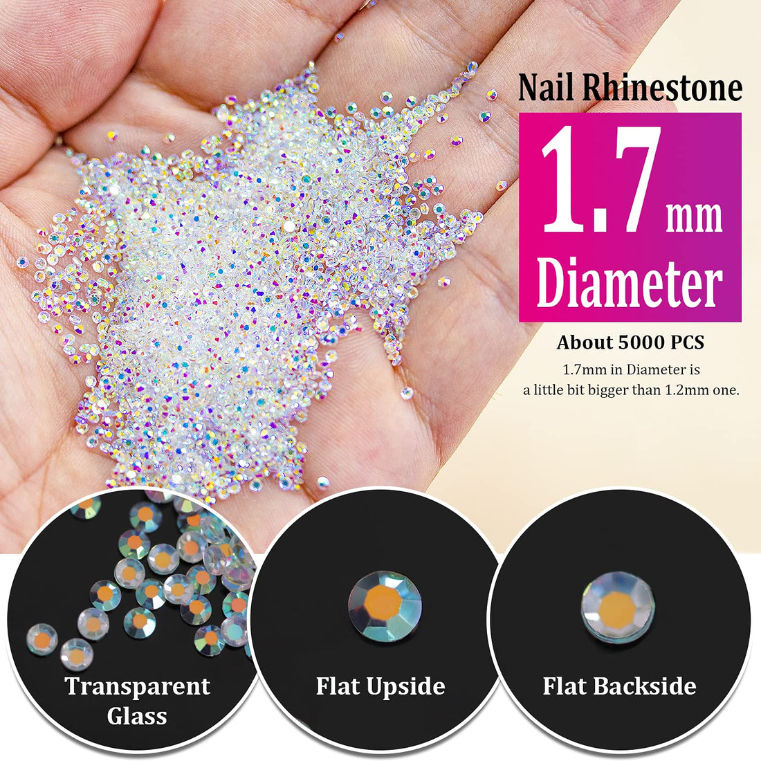 5000PCs 1.7mm Mini AB Glass Crystals for Nail Art Manicure Iridescent Long Lasting Like Swarovski Shine Rhinestone Bead Gem Jewelry Diamond by BELLEBOOST