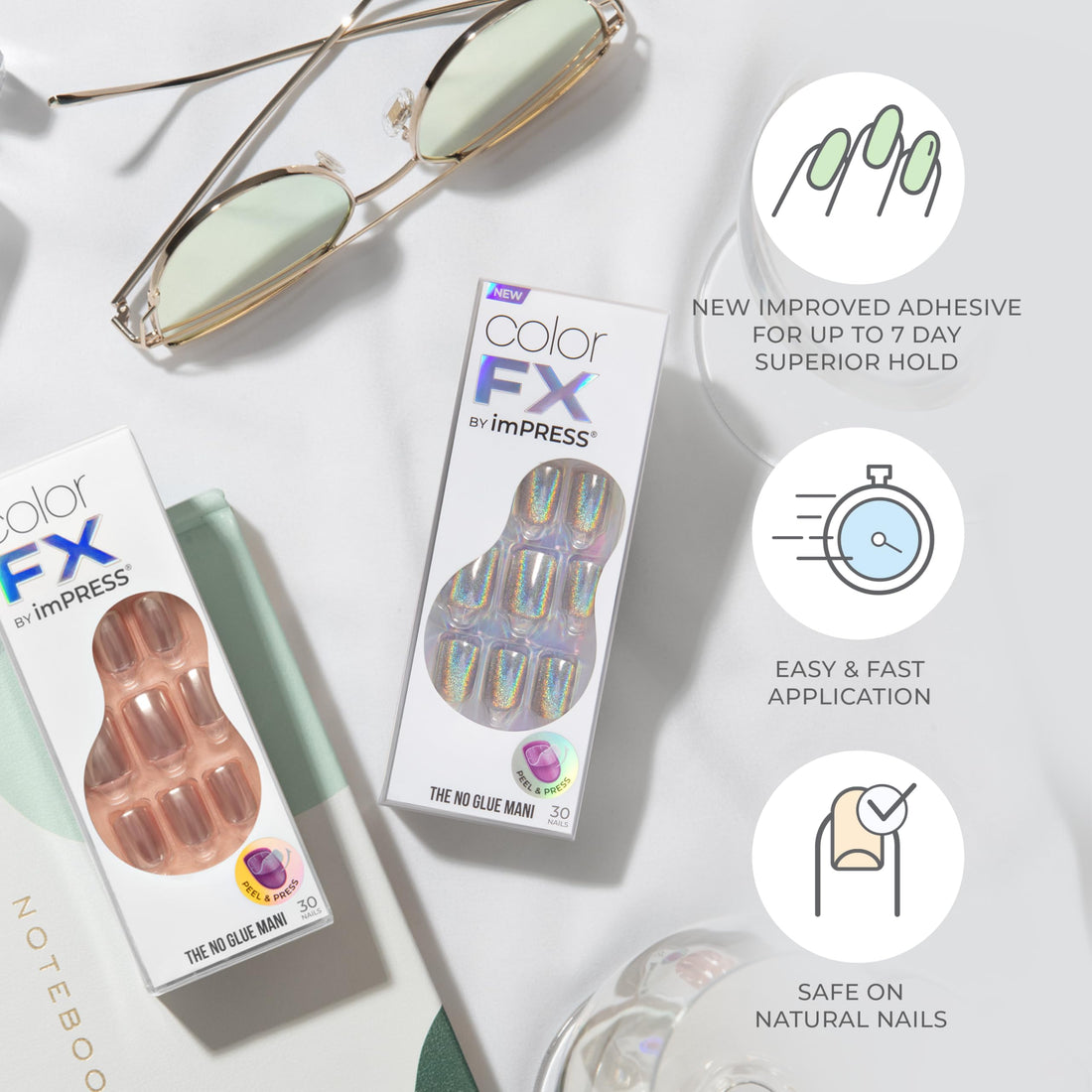 KISS imPRESS No Glue Mani Press On Nails, Color FX, 'Better Things', Dark Green, Short Size, Squoval Shape, Includes 30 Nails, Prep Pad, Instructions Sheet, 1 Manicure Stick, 1 Mini File