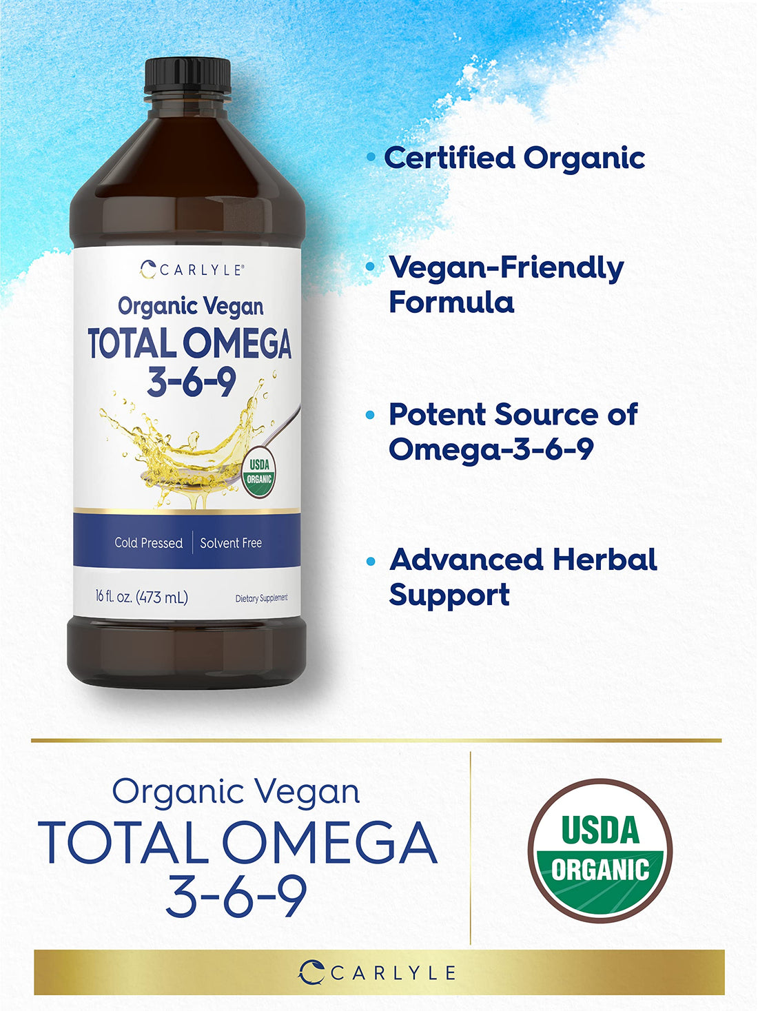 Carlyle Omega 3 6 9 | 16 fl oz | Cold Pressed | Certified Organic, Vegan Supplement | Vegetarian, Non-GMO, Gluten Free, and Solvent Free