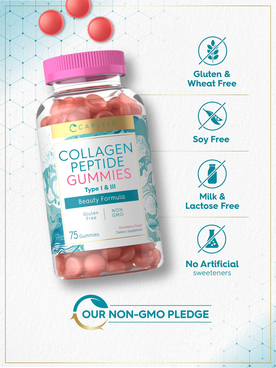 Carlyle Collagen Gummies | Strawberry Flavor Beauty Supplement | Hydrolyzed Collagen Peptides for Women & Men | Type 1 & 3 | Non-GMO, Gluten Free