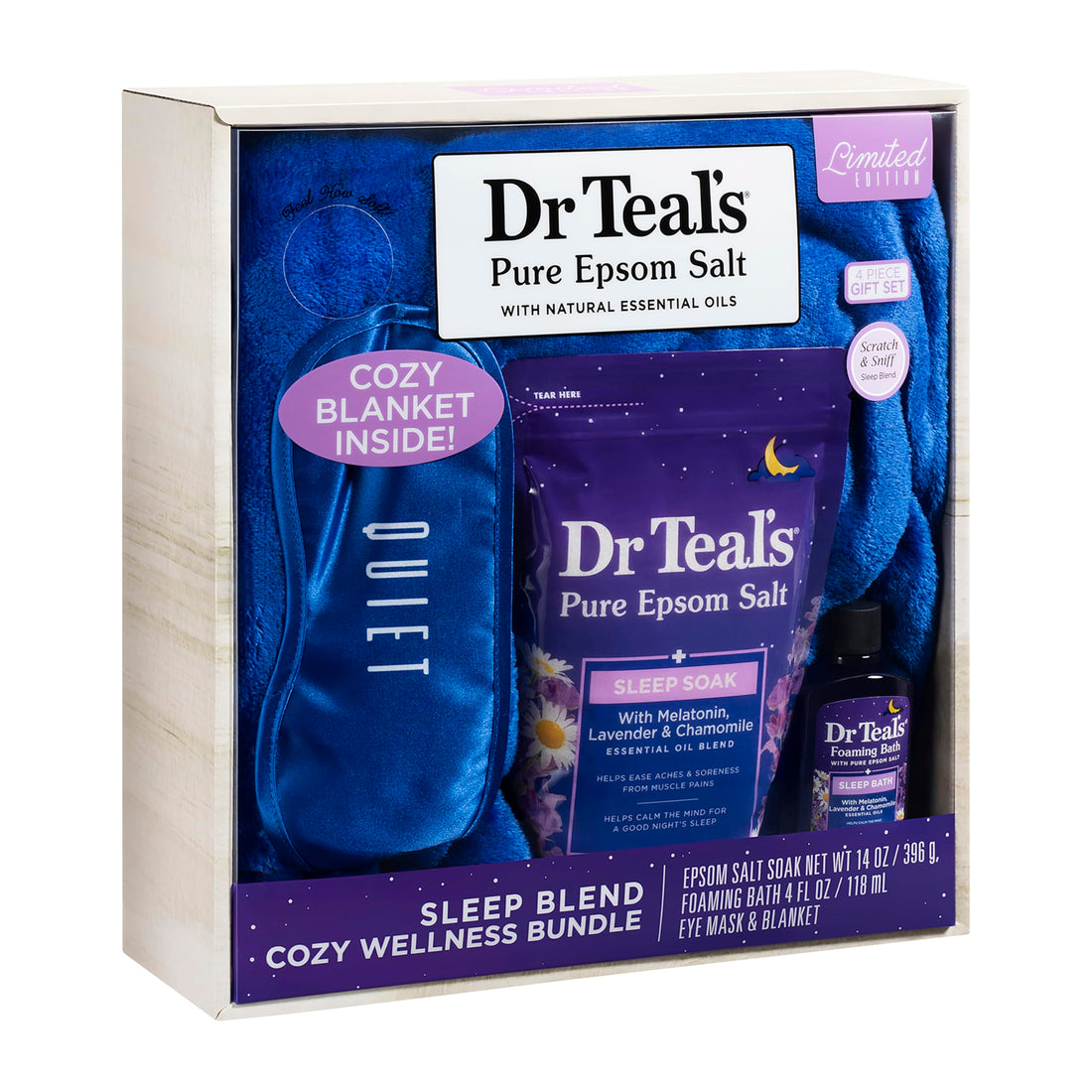 Dr Teal's Sleep Blend Cozy Wellness Bundle, Melatonin, Lavender and Chamomile, 4 Pieces