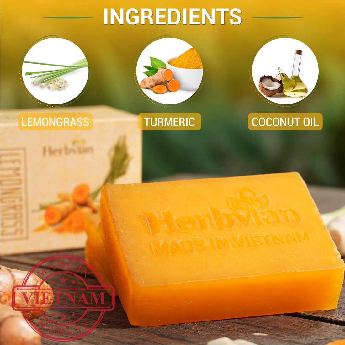 Herbvian 100% Natural Turmeric Soap Bar for Face and Body, Warmth Lemongrass Mosquito Repellent Soap, Vietnamese Back Acne Bath Body Soap, Anti-Acne Cleansing Healthy for All Type Skins (Pack 2)
