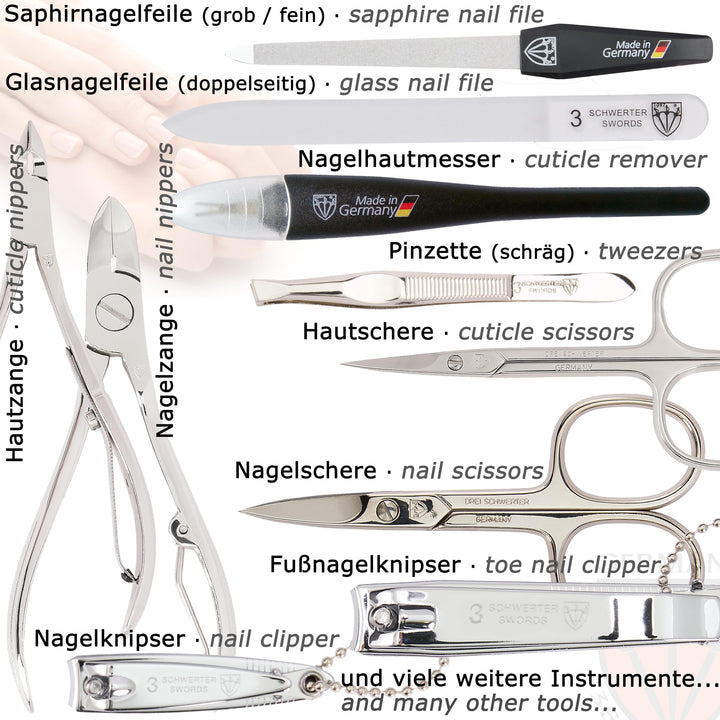 3 Swords Germany - brand quality 16 piece manicure pedicure grooming kit set for professional finger & toe nail care scissors clipper fashion leather case in gift box