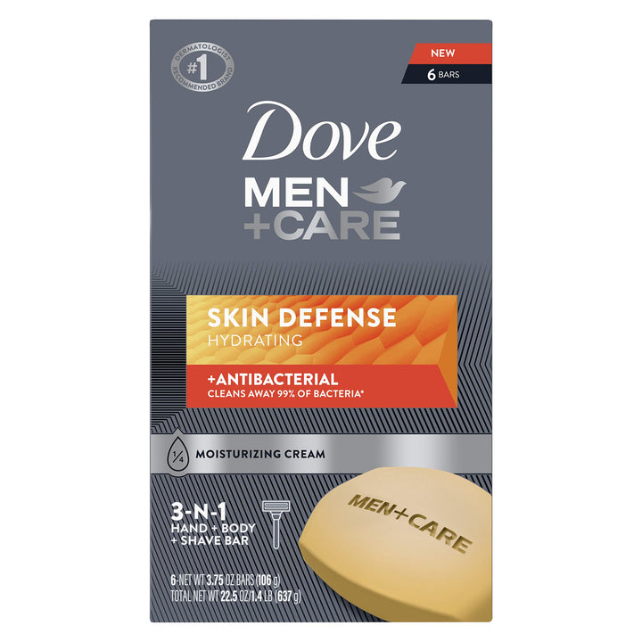 Dove Men+Care Soap Bar For Smooth, Hydrate & Nourishing the Skin - Defense Effectively Washes Away Bacteria, Cream, 3.75 Oz, 6 Count