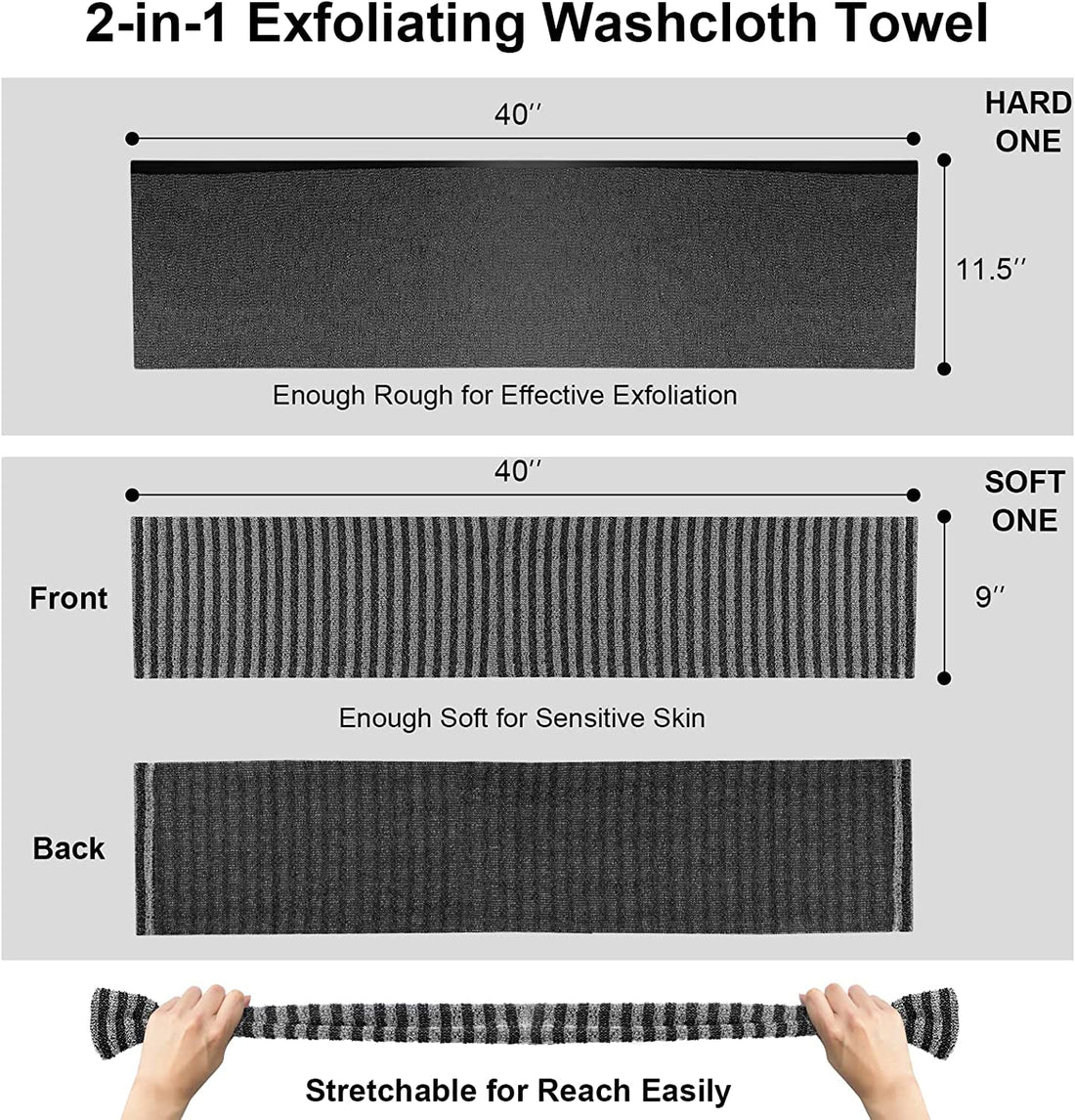 Yiclick Exfoliating Body Scrubber, Back Scrubber for Shower Bath, Japanese Scrub Wash Cloth, Exfoliating Washcloth Towel for Men Women, Body Exfoliator Loofah Luffa Sponge Net Rag Back Washer (Black)
