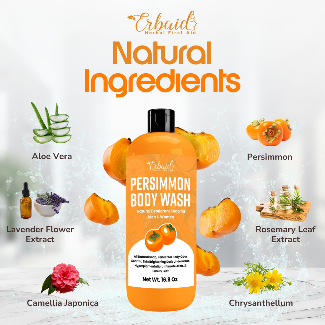 Healov Persimmon Body Wash for Body Odor Control – Natural Deodorant Soap for Eliminating Odor – Underarms, Intimate Inner Thigh, Bikini Area, Smelly Feet – Purifying Deodorizing Soap, Kids Safe
