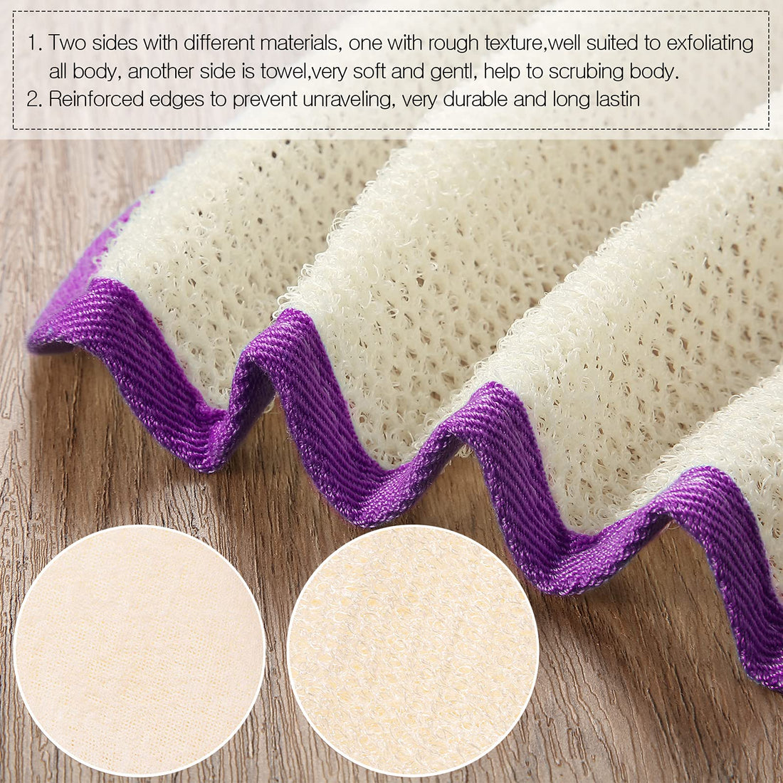 Tatuo 5 Pcs Exfoliating Face and Body Wash Cloths Towel Weave Bath Exfoliating Scrub Massage Bath Cloth for Women and Men, 10.63 x 9.05 Inch (Purple Edge)