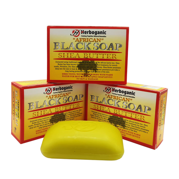 HERBOGANIC Africal Black soap With Shea Butter Herbal Soap | Pack of 3 of 5oz soap Bar | Natural Bar Soap for Face and Body | Hydrating and Nourishing | Suitable for Men and Women