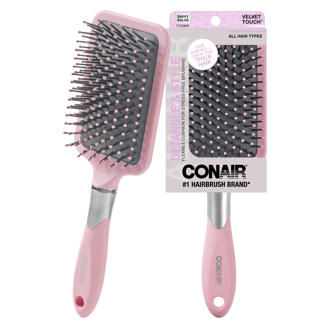 Conair Velvet Touch Paddle Cushion hair brush - Detangling hairbrush - curly or straight styles - men or women - detangler - features soft touch handle - Blush Pink