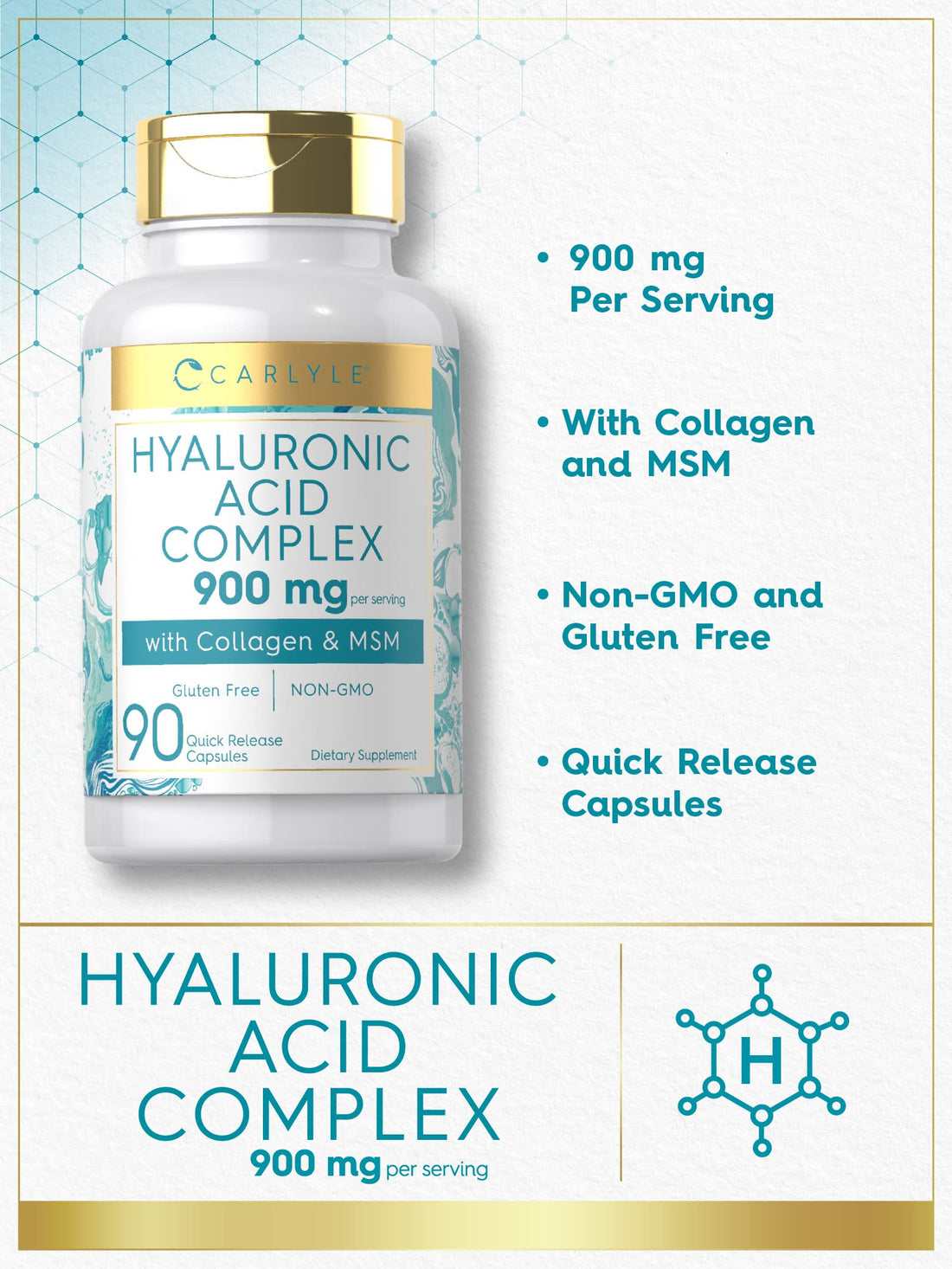 Carlyle Hyaluronic Acid Complex 900 mg | with Collagen and MSM | 90 Capsules | Non-GMO, Gluten Free Supplement