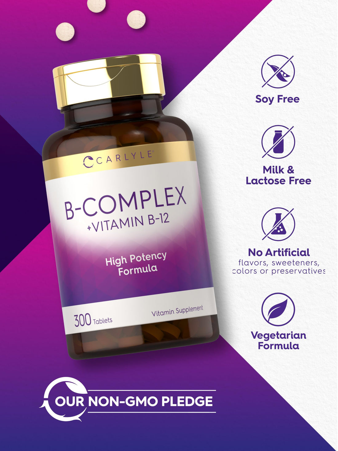 Carlyle B-Complex Vitamin with B12 | 300 Tablets | High Potency Formula | Vegetarian and Non-GMO Supplement
