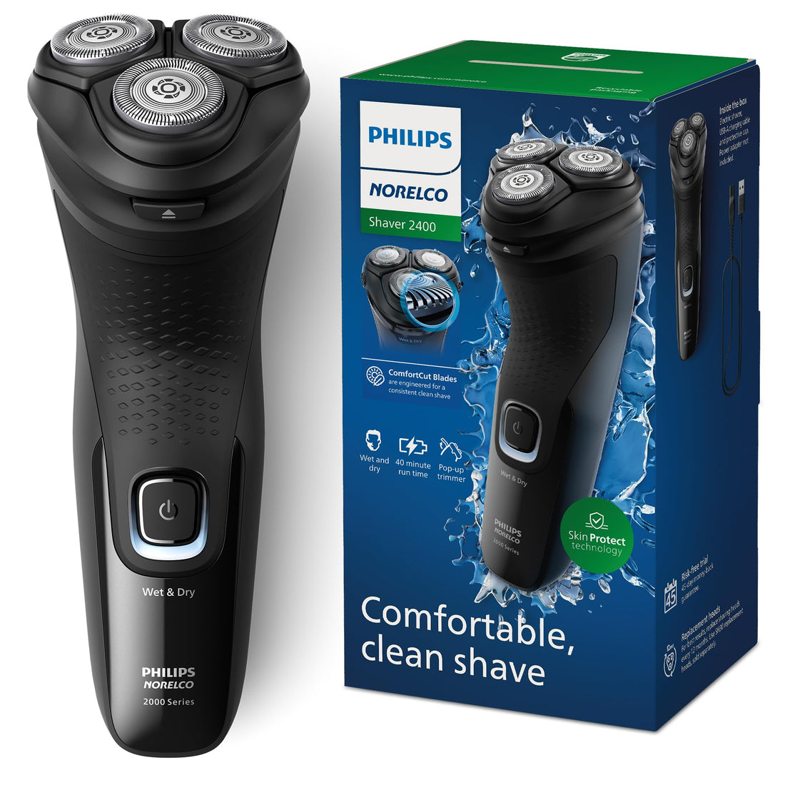 Philips Norelco Shaver 2400 Series, Wet and Dry Electric Shaver, Pop-up Trimmer, P-Cap, Deep Black, Model X3001/90