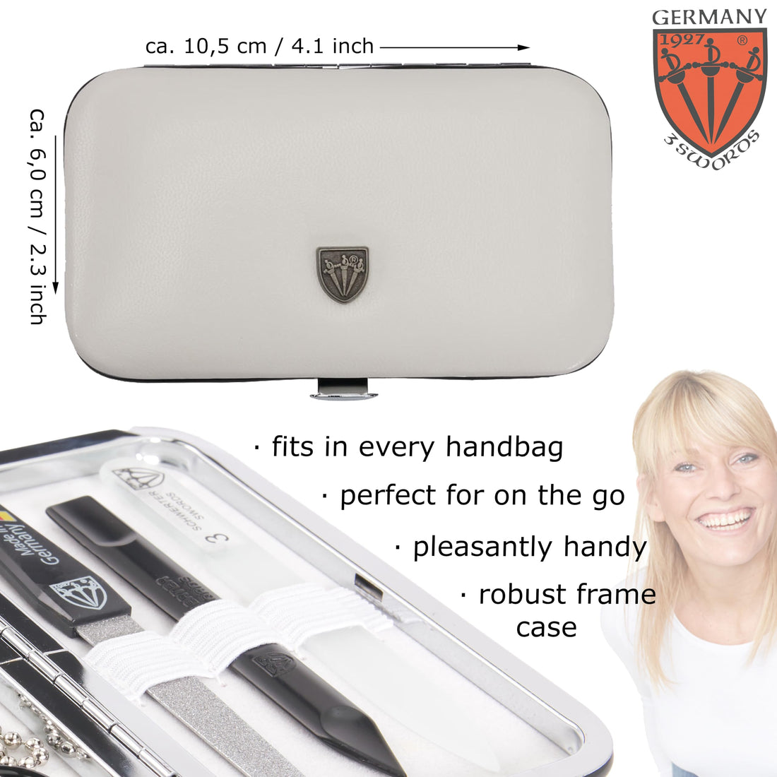 THREE SWORDS • Exclusive 6-Piece Manicure, Pedicure and Grooming set • Synthetic leather white • basic-standard quality